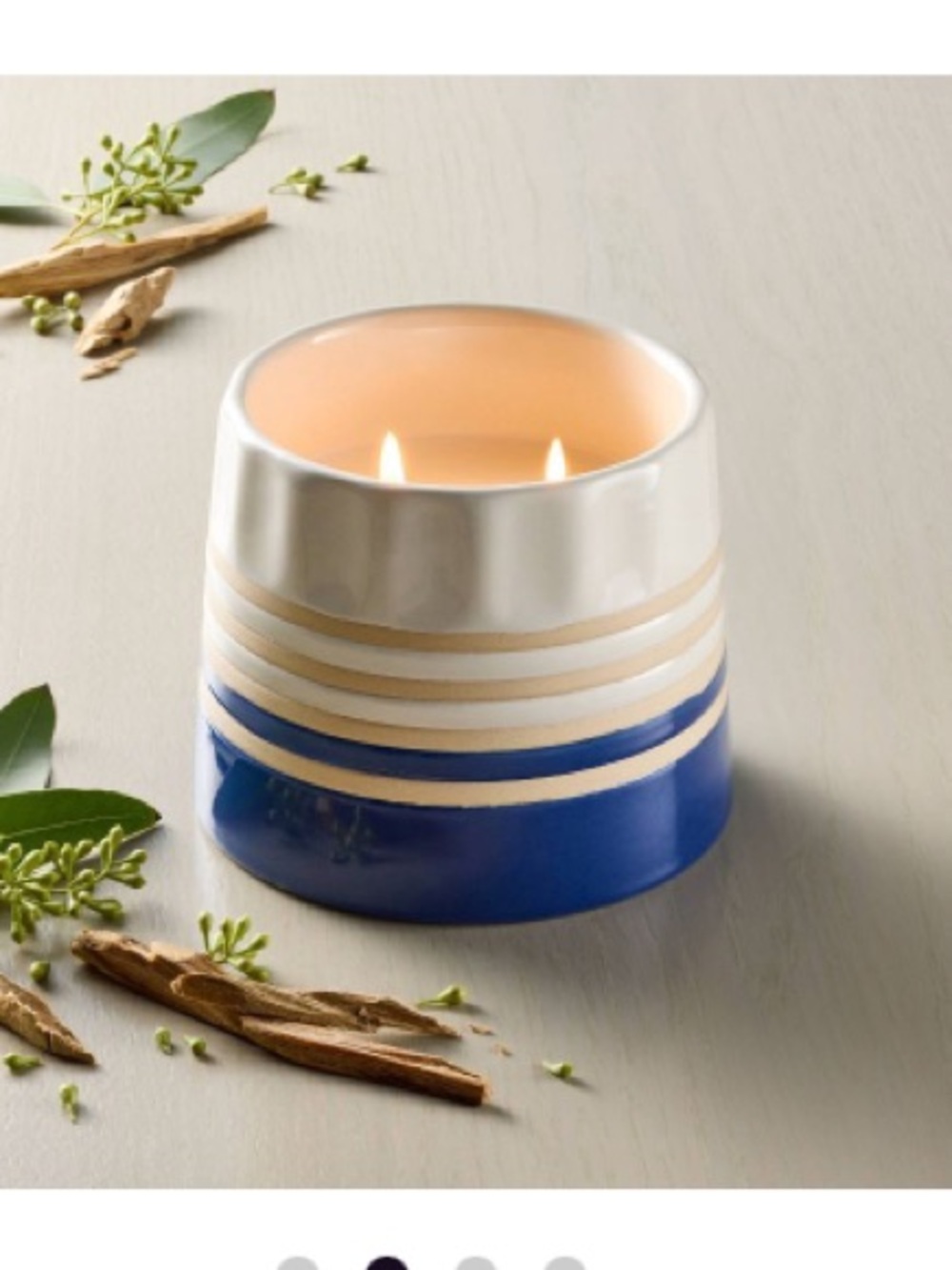 Shi by JOURNEYS Blue and Cream Striped Double-Wick Ceramic Candle